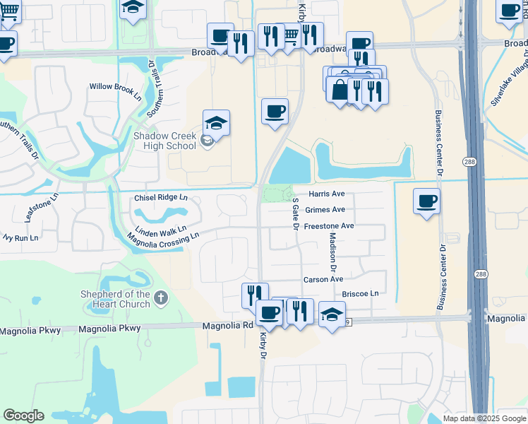 map of restaurants, bars, coffee shops, grocery stores, and more near 11515 Grimes Avenue in Pearland