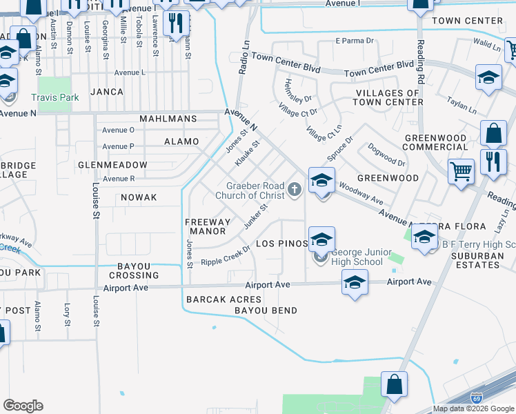 map of restaurants, bars, coffee shops, grocery stores, and more near 1809 Brumbelow Street in Rosenberg