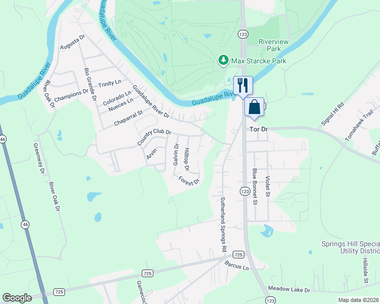 map of restaurants, bars, coffee shops, grocery stores, and more near 225 Hilltop Drive in Seguin