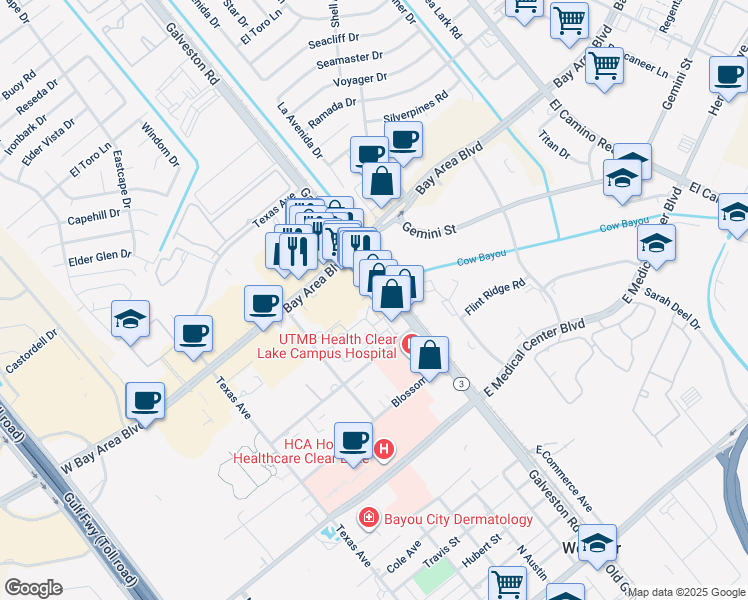 map of restaurants, bars, coffee shops, grocery stores, and more near 16930 Galveston Road in Webster
