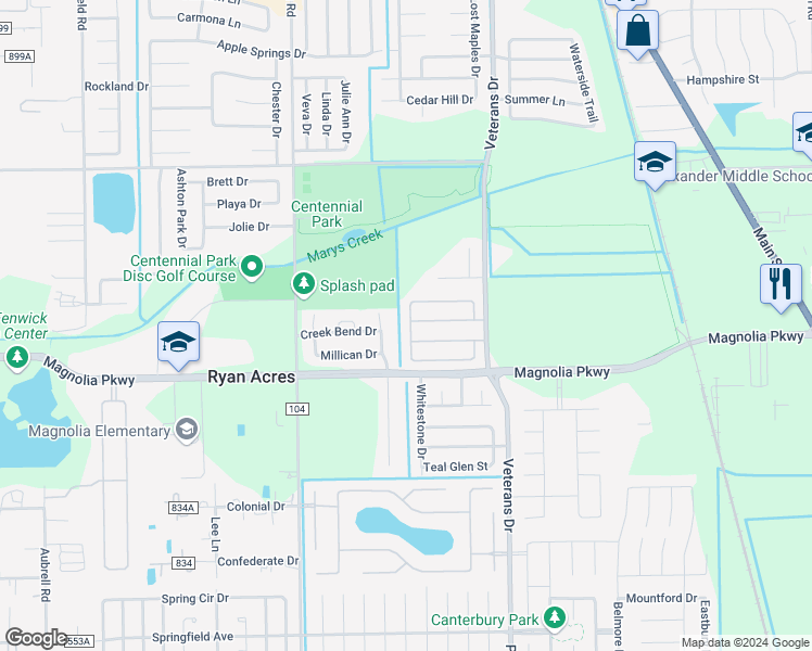map of restaurants, bars, coffee shops, grocery stores, and more near 3304 West Magnolia Elms Drive in Pearland