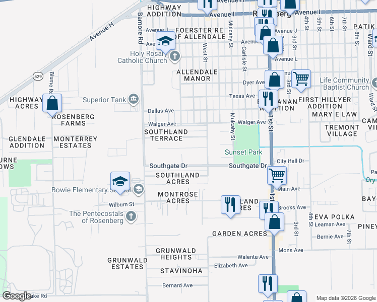 map of restaurants, bars, coffee shops, grocery stores, and more near 1114 Easy Street in Rosenberg