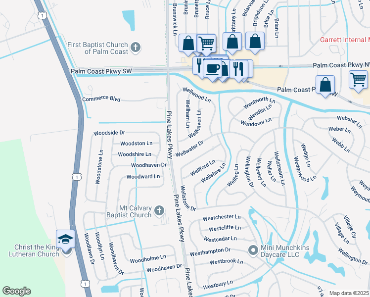 map of restaurants, bars, coffee shops, grocery stores, and more near 8 Wellwood Lane in Palm Coast