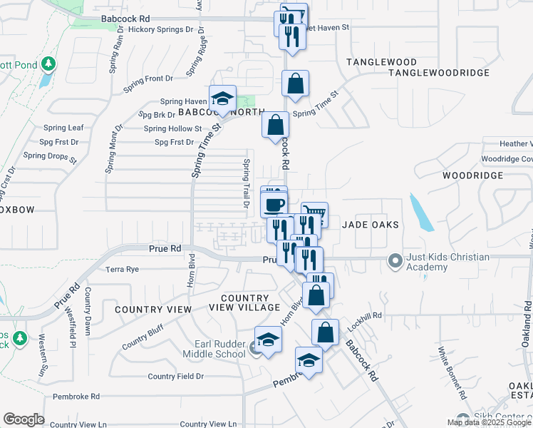 map of restaurants, bars, coffee shops, grocery stores, and more near 6518 Babcock Terrace in San Antonio