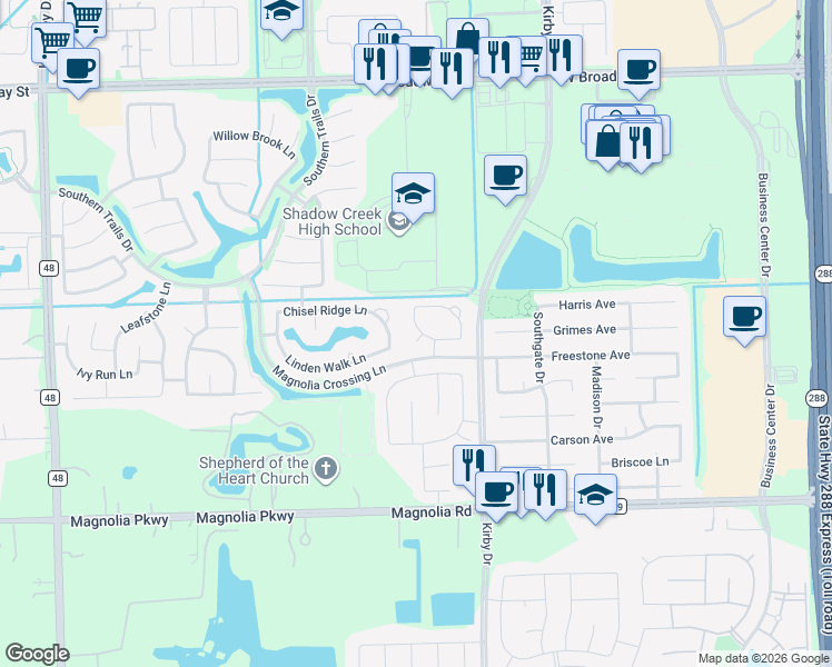 map of restaurants, bars, coffee shops, grocery stores, and more near 3412 Misty Gap Court in Pearland
