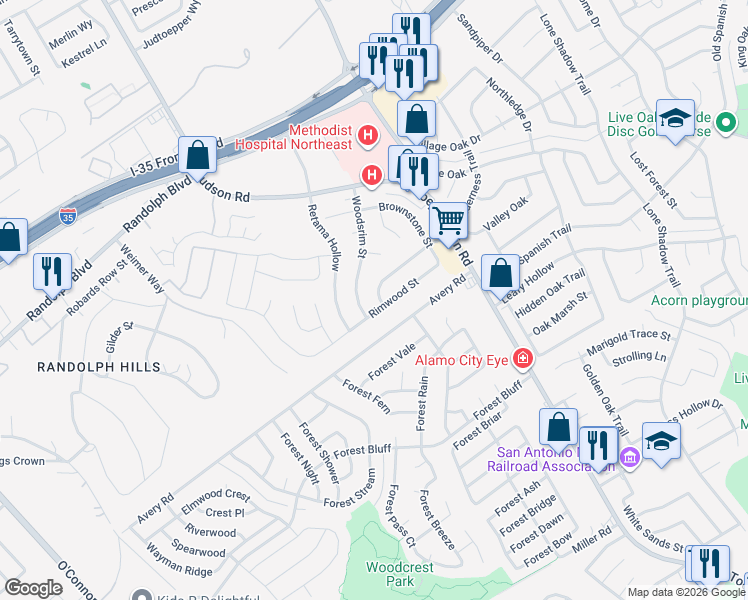 map of restaurants, bars, coffee shops, grocery stores, and more near 12003 Wilderness Trail in Live Oak