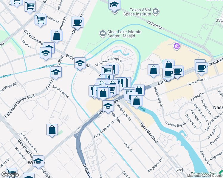 map of restaurants, bars, coffee shops, grocery stores, and more near 17896 El Camino Real in Houston