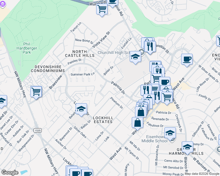 map of restaurants, bars, coffee shops, grocery stores, and more near 1300 Patricia Drive in San Antonio