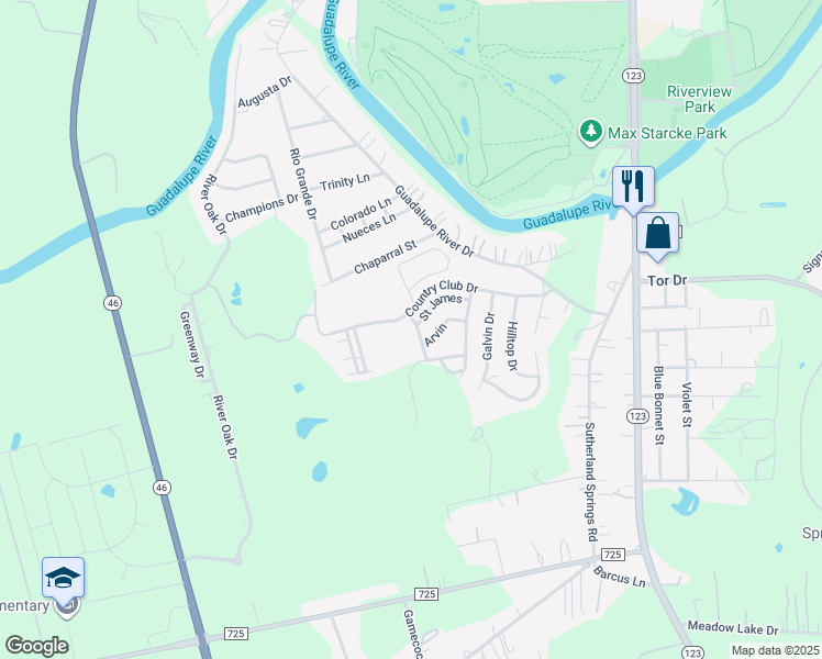 map of restaurants, bars, coffee shops, grocery stores, and more near 212 Club View West in Seguin