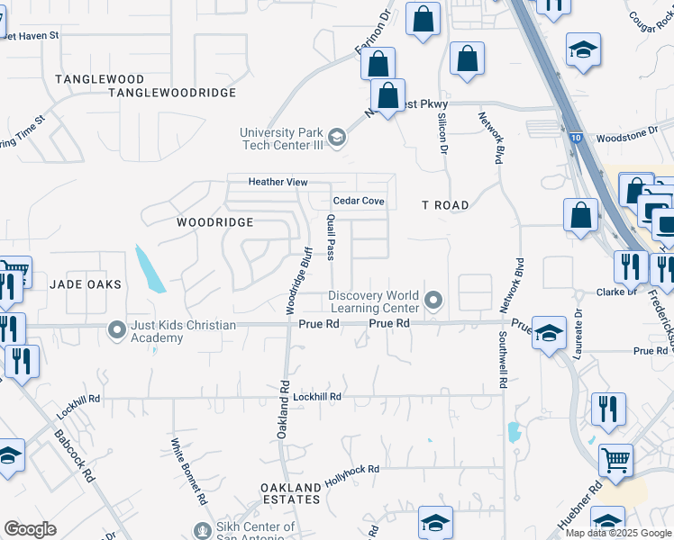 map of restaurants, bars, coffee shops, grocery stores, and more near 11122 Quail Pass in San Antonio