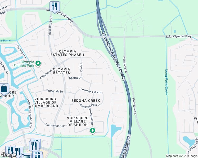 map of restaurants, bars, coffee shops, grocery stores, and more near 2815 Seabold Drive in Missouri City