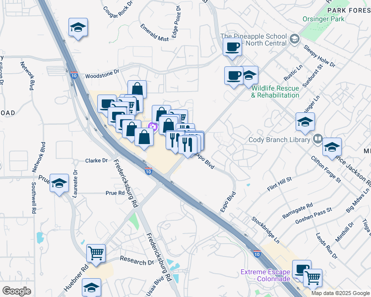 map of restaurants, bars, coffee shops, grocery stores, and more near 11267 Huebner Road in San Antonio