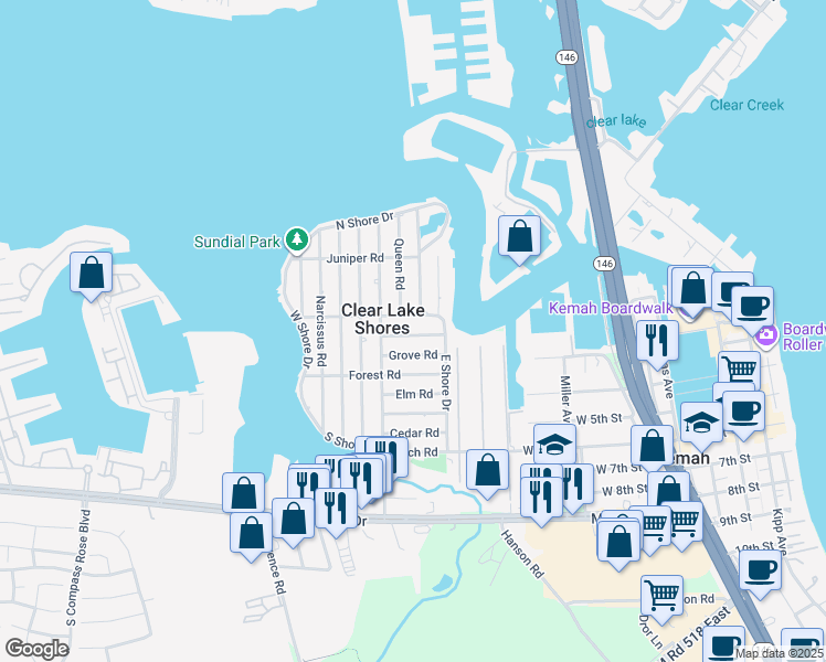 map of restaurants, bars, coffee shops, grocery stores, and more near 902 Hawthorne Road in Clear Lake Shores