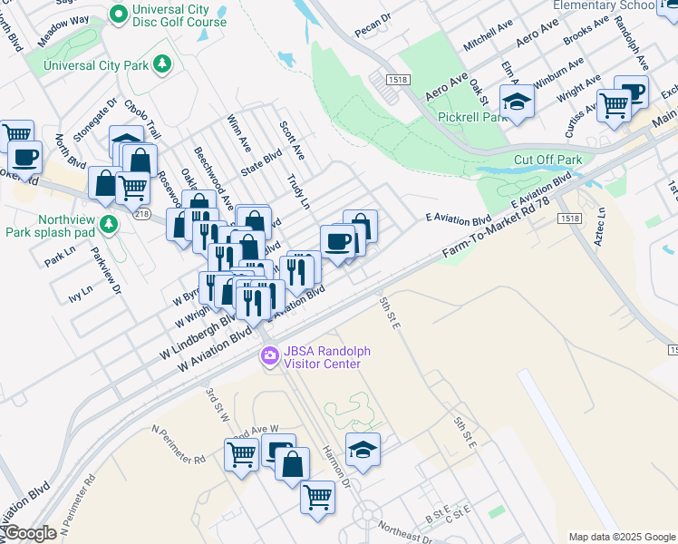 map of restaurants, bars, coffee shops, grocery stores, and more near 333 East Aviation Boulevard in Universal City