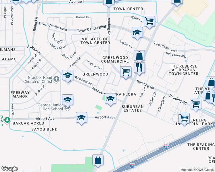 map of restaurants, bars, coffee shops, grocery stores, and more near 5204 Rockwood Drive in Rosenberg