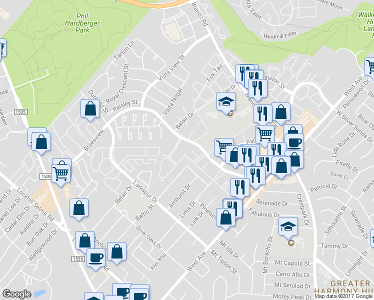 map of restaurants, bars, coffee shops, grocery stores, and more near 1300 Patricia in San Antonio