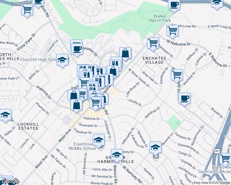 map of restaurants, bars, coffee shops, grocery stores, and more near 824 Afterglow Street in San Antonio