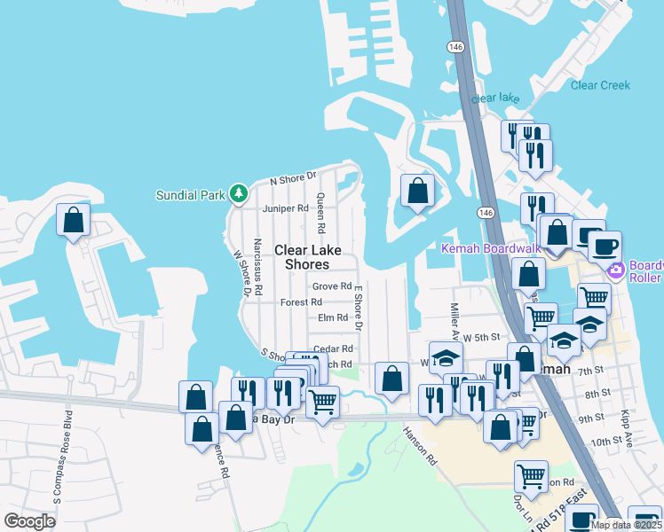 map of restaurants, bars, coffee shops, grocery stores, and more near 902 Hawthorne Road in Clear Lake Shores