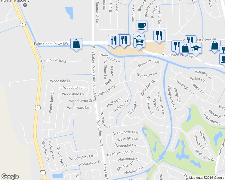 map of restaurants, bars, coffee shops, grocery stores, and more near 34 Wellwater Drive in Palm Coast