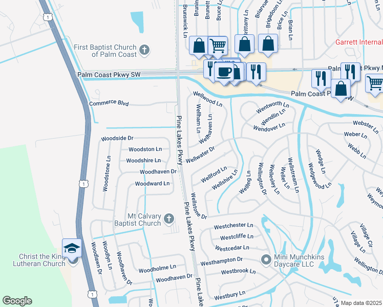 map of restaurants, bars, coffee shops, grocery stores, and more near 8 Wellwood Lane in Palm Coast