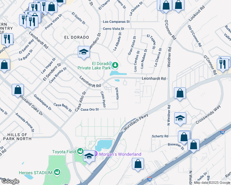 map of restaurants, bars, coffee shops, grocery stores, and more near 5358 Encanta in San Antonio