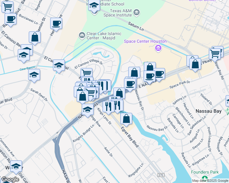 map of restaurants, bars, coffee shops, grocery stores, and more near 1101 East Nasa Parkway in Houston