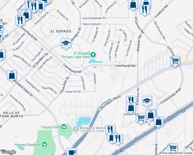 map of restaurants, bars, coffee shops, grocery stores, and more near 5358 Encanta Street in San Antonio