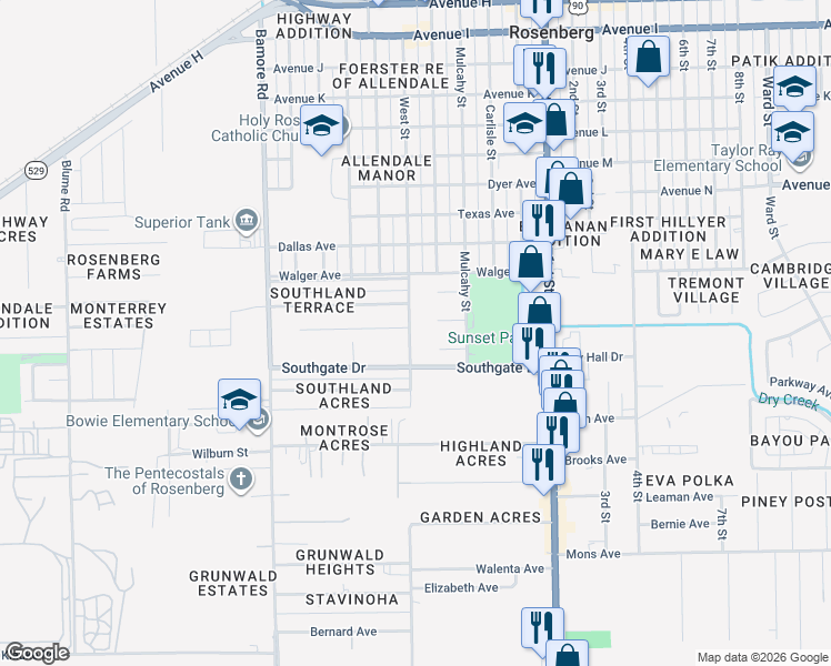 map of restaurants, bars, coffee shops, grocery stores, and more near 2027 West Street in Rosenberg