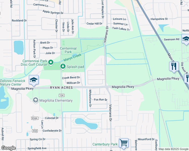 map of restaurants, bars, coffee shops, grocery stores, and more near 4606 Magnolia Pines Drive in Pearland