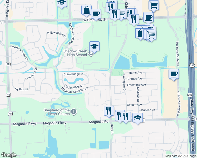 map of restaurants, bars, coffee shops, grocery stores, and more near 3412 Misty Gap Court in Pearland