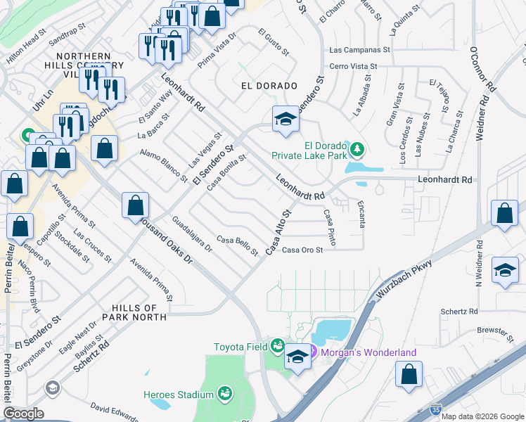 map of restaurants, bars, coffee shops, grocery stores, and more near 4822 Casa Espana Street in San Antonio