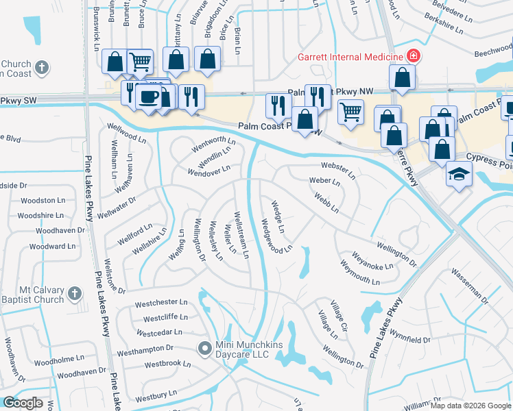 map of restaurants, bars, coffee shops, grocery stores, and more near 85 Wedgewood Lane in Palm Coast