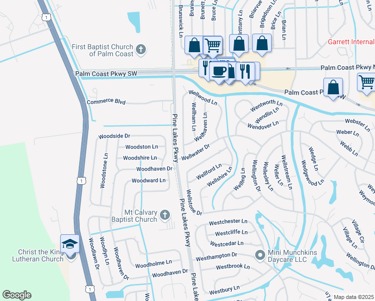 map of restaurants, bars, coffee shops, grocery stores, and more near 8 Wellwood Lane in Palm Coast