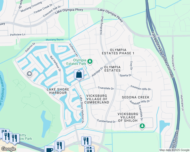 map of restaurants, bars, coffee shops, grocery stores, and more near 3611 Aldridge Drive in Missouri City
