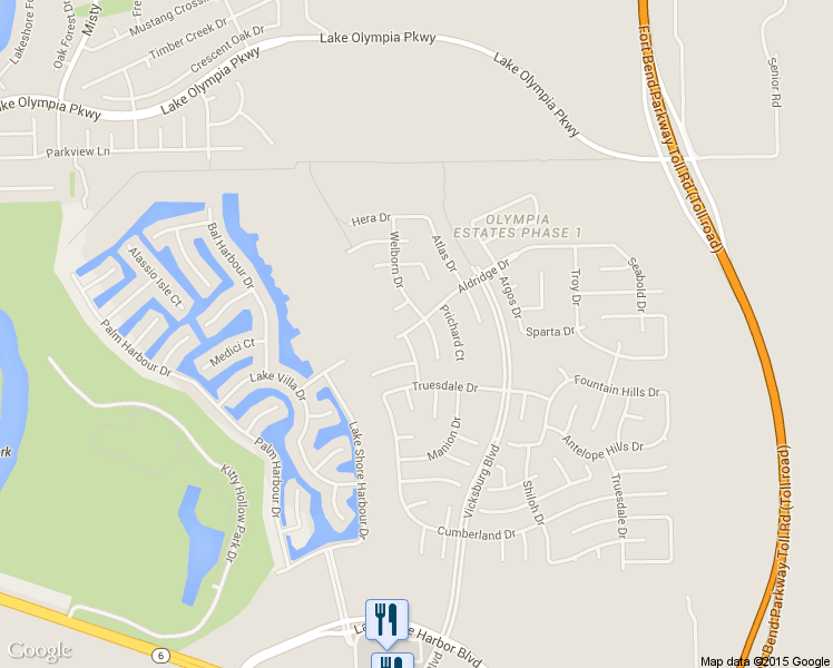 map of restaurants, bars, coffee shops, grocery stores, and more near 3611 Aldridge Dr in Missouri City