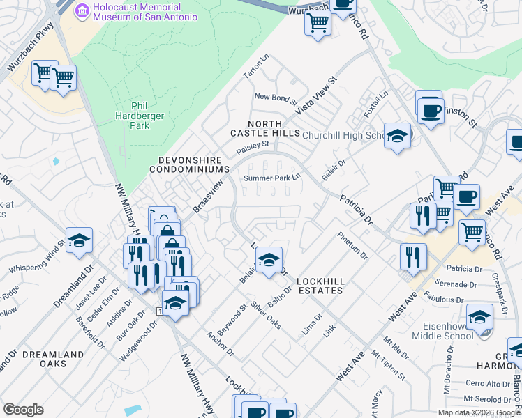 map of restaurants, bars, coffee shops, grocery stores, and more near 1955 Larkspur Drive in San Antonio