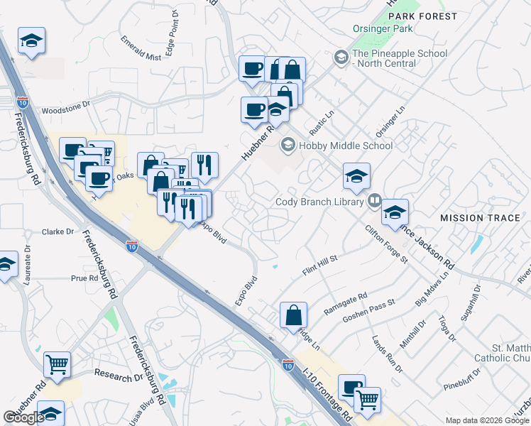 map of restaurants, bars, coffee shops, grocery stores, and more near 11600 Huebner Road in San Antonio