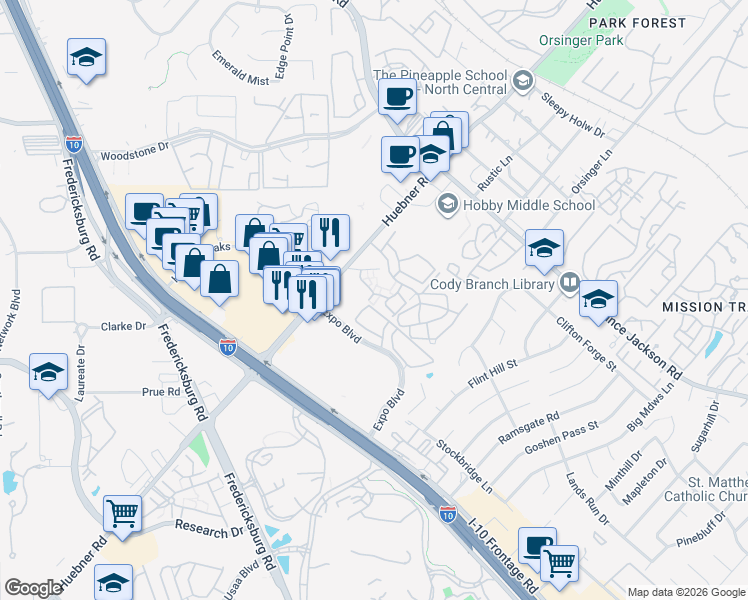 map of restaurants, bars, coffee shops, grocery stores, and more near 11500 Huebner Road in San Antonio