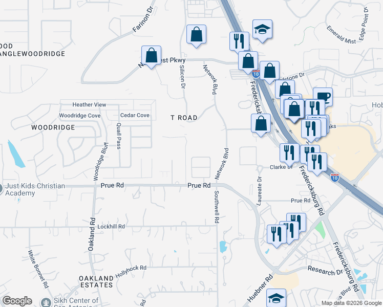 map of restaurants, bars, coffee shops, grocery stores, and more near 5335 Auburn Ridge in San Antonio