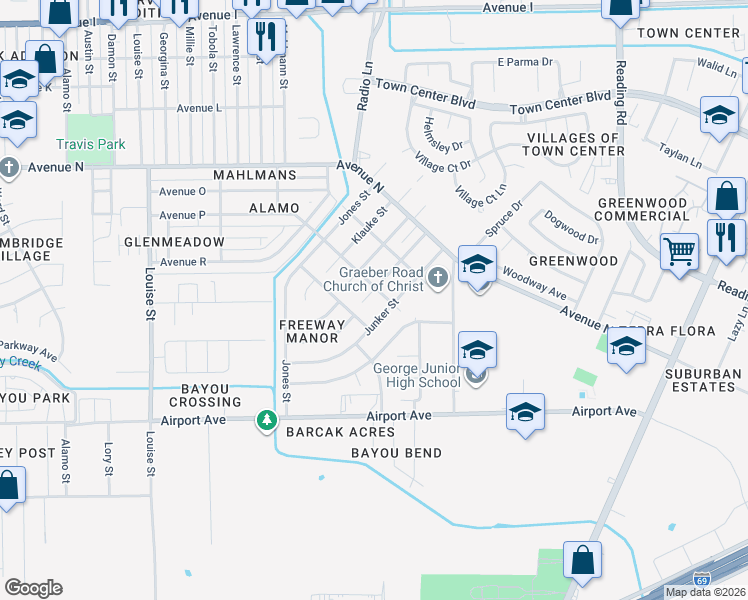 map of restaurants, bars, coffee shops, grocery stores, and more near 1809 Brumbelow Street in Rosenberg