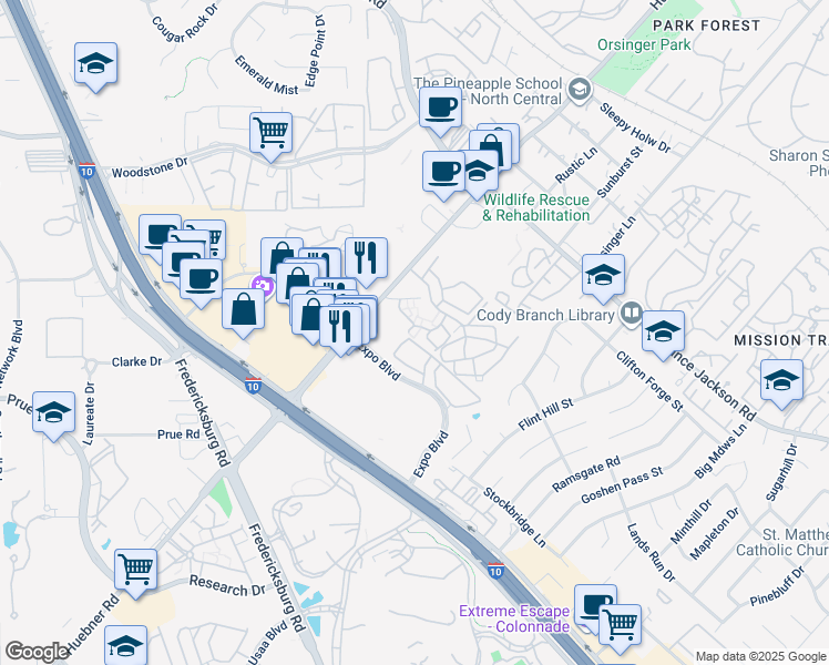 map of restaurants, bars, coffee shops, grocery stores, and more near 11500 Huebner Road in San Antonio
