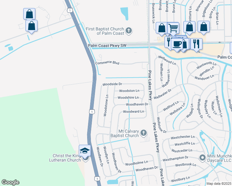 map of restaurants, bars, coffee shops, grocery stores, and more near 2 Woodston Lane in Palm Coast