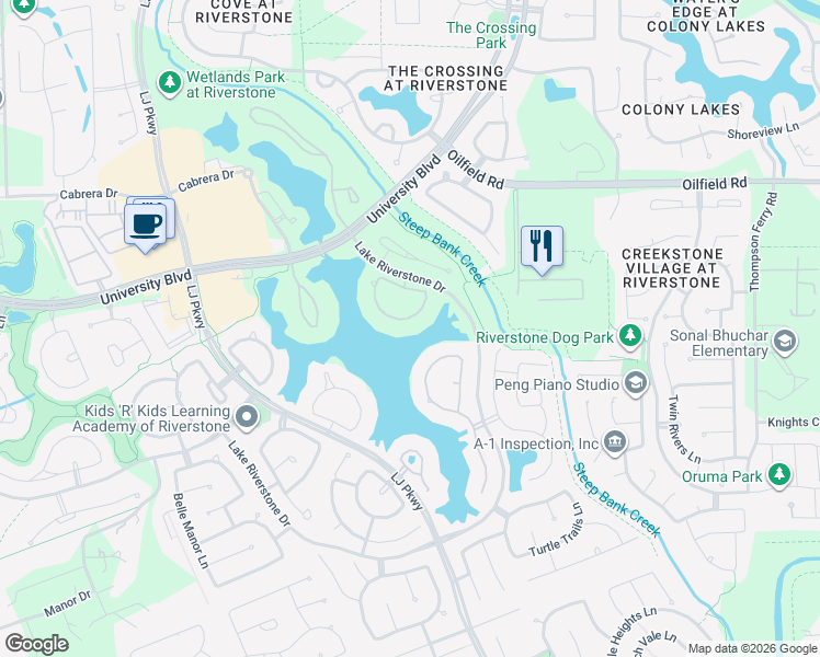 map of restaurants, bars, coffee shops, grocery stores, and more near 24 Miramar Heights Circle in Sugar Land