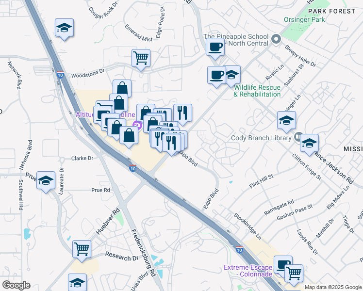 map of restaurants, bars, coffee shops, grocery stores, and more near 11306 Huebner Road in San Antonio