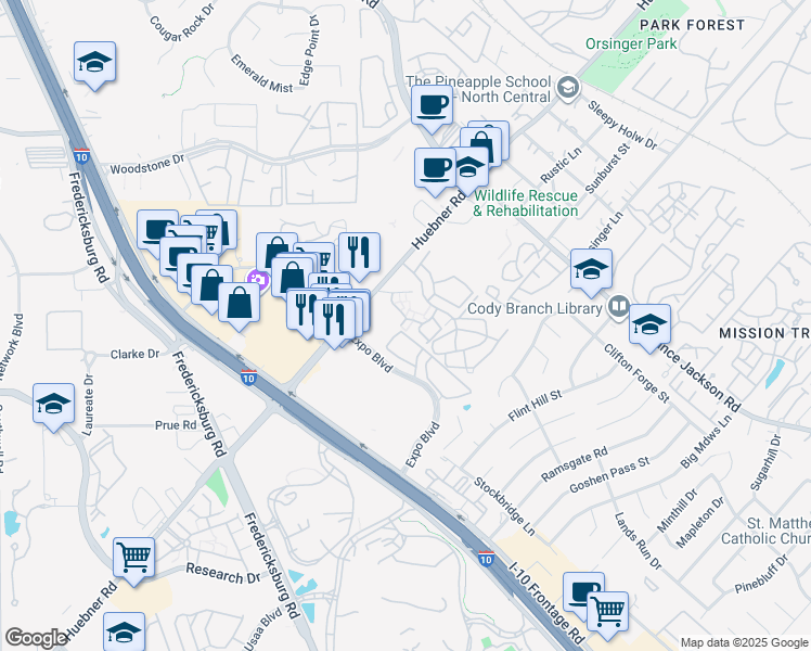 map of restaurants, bars, coffee shops, grocery stores, and more near 11500 Huebner Road in San Antonio