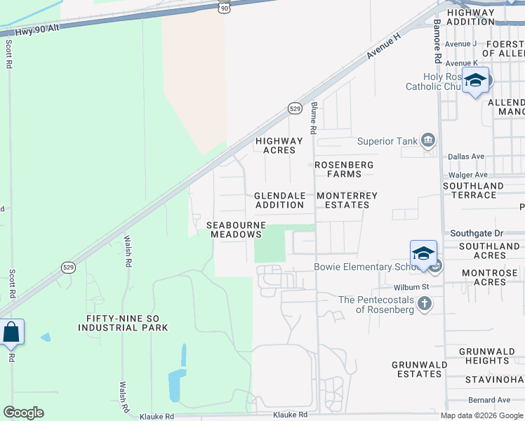 map of restaurants, bars, coffee shops, grocery stores, and more near 834 Matamoros Drive in Rosenberg