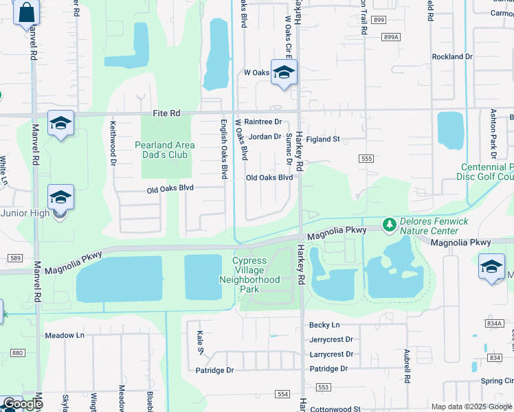 map of restaurants, bars, coffee shops, grocery stores, and more near 3217 West Oaks Boulevard in Pearland