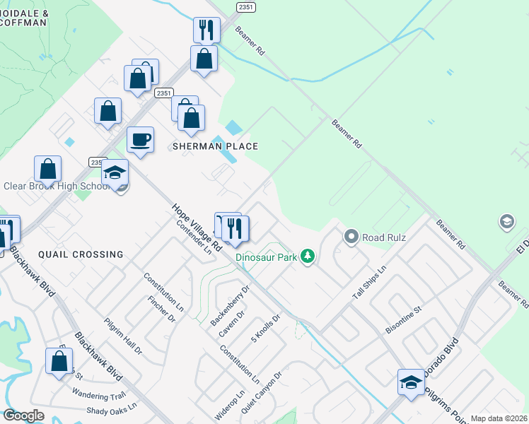map of restaurants, bars, coffee shops, grocery stores, and more near 15818 Camp Fire Road in Friendswood