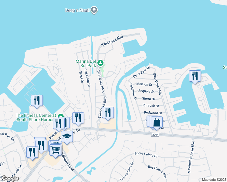 map of restaurants, bars, coffee shops, grocery stores, and more near 336 Twin Timbers Lane in Kemah