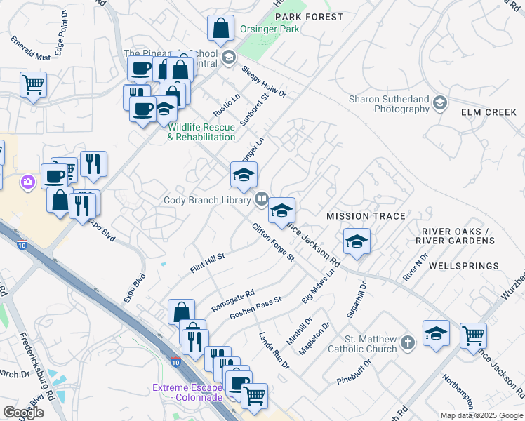 map of restaurants, bars, coffee shops, grocery stores, and more near 11441 Vance Jackson Road in San Antonio